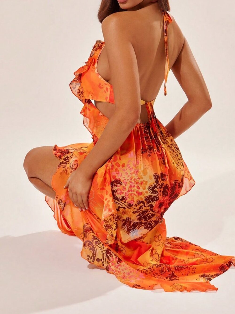 Multicolor Boho Women's Tropical Chiffon Dress High Slit Spaghetti Straps dress - Picture 6 of 7